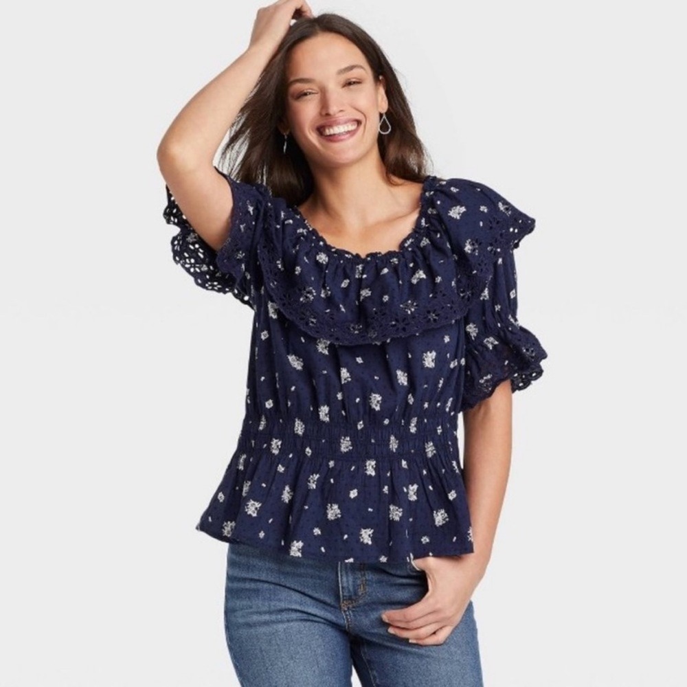 Universal Thread Navy Floral Ruffle Peplum Blouse Top Medium